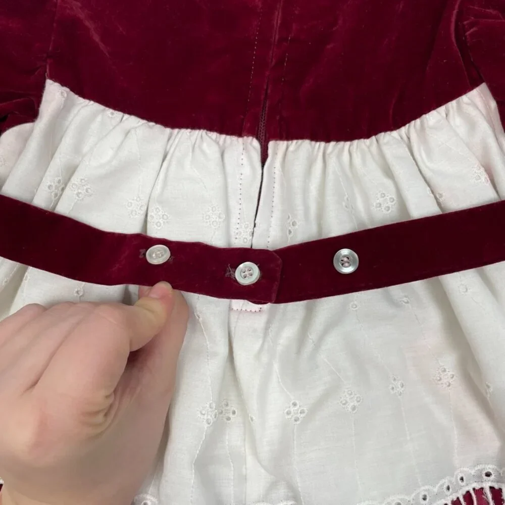 Vintage R-Gee Baby Maroon Velvet and White Eyelet Lace Christmas Dress Size 12M